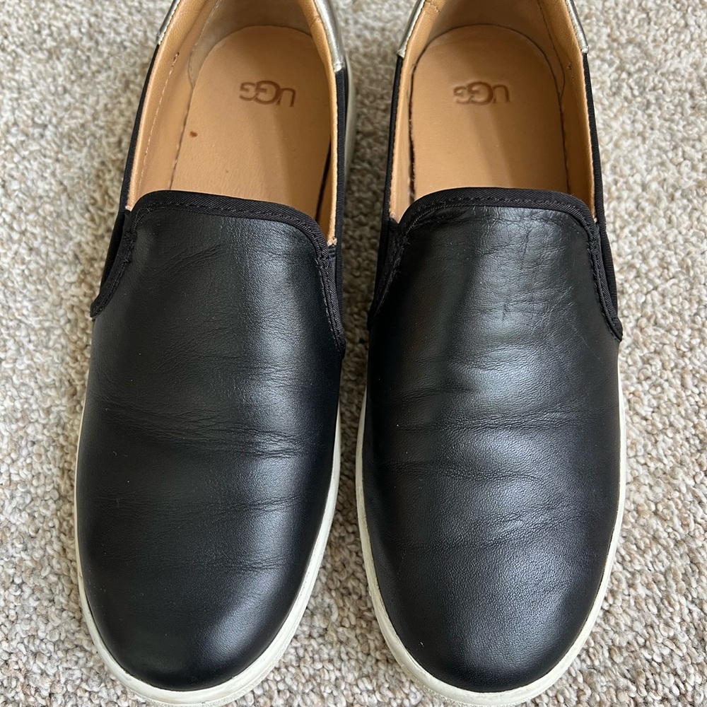 UGG Black Leather Loafers with Elastic Panels